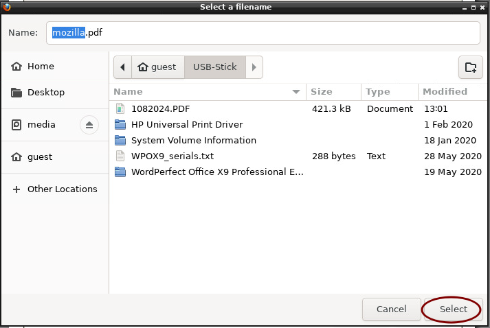 Screenshot of the dialogue window for choosing a file name and location